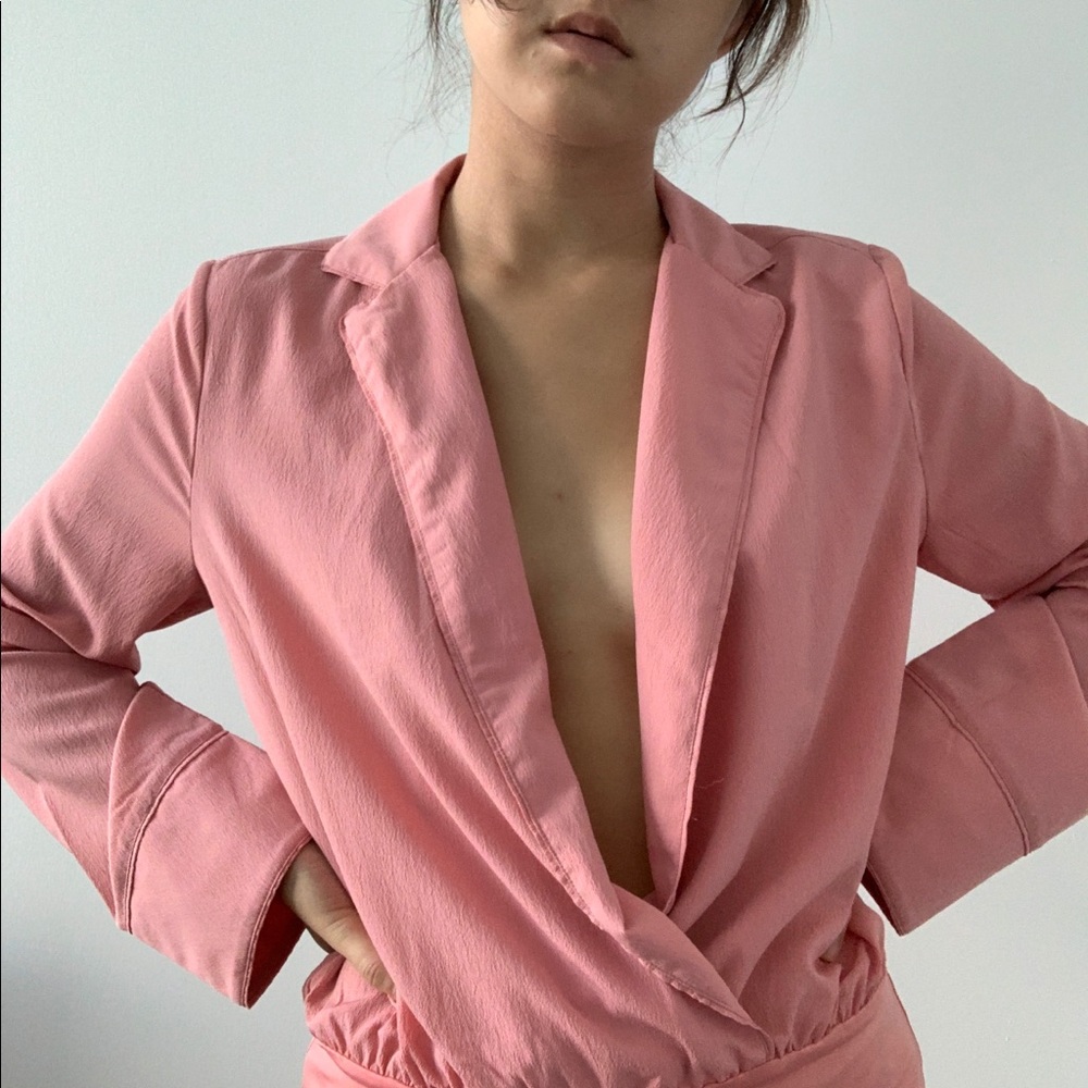 Plunging Faux Blazer Pink Bodysuit